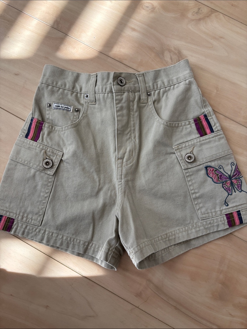 Vintage Route 66 Khaki Cargo Shorts with Pink & Purple Butterfly